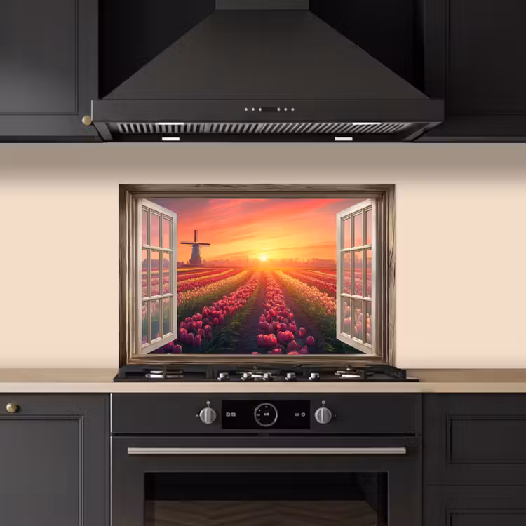 Spatscherm keuken - Doorkijk - Tulpen - Zonsondergang - Bloemen - Kleurrijk — 2