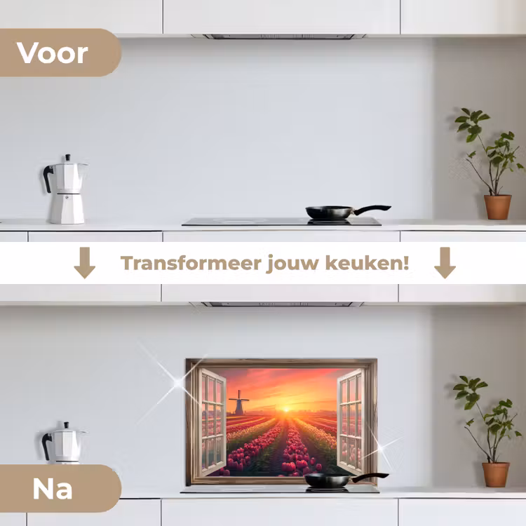 Spatscherm keuken - Doorkijk - Tulpen - Zonsondergang - Bloemen - Kleurrijk — 3