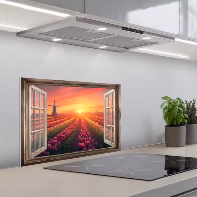 Spatscherm keuken - Doorkijk - Tulpen - Zonsondergang - Bloemen - Kleurrijk — 5