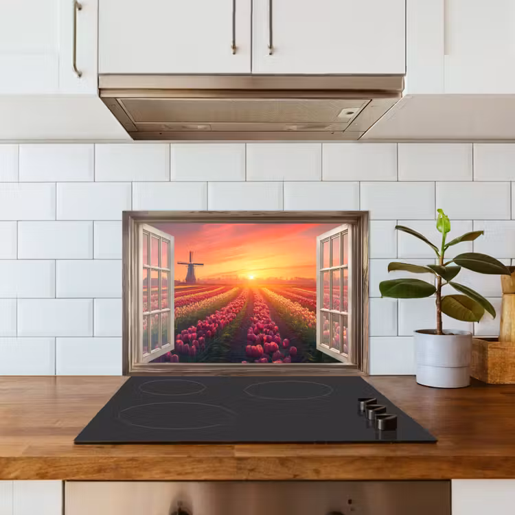 Spatscherm keuken - Doorkijk - Tulpen - Zonsondergang - Bloemen - Kleurrijk — 6