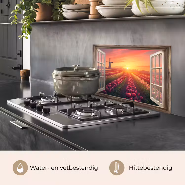 Spatscherm keuken - Doorkijk - Tulpen - Zonsondergang - Bloemen - Kleurrijk — 7