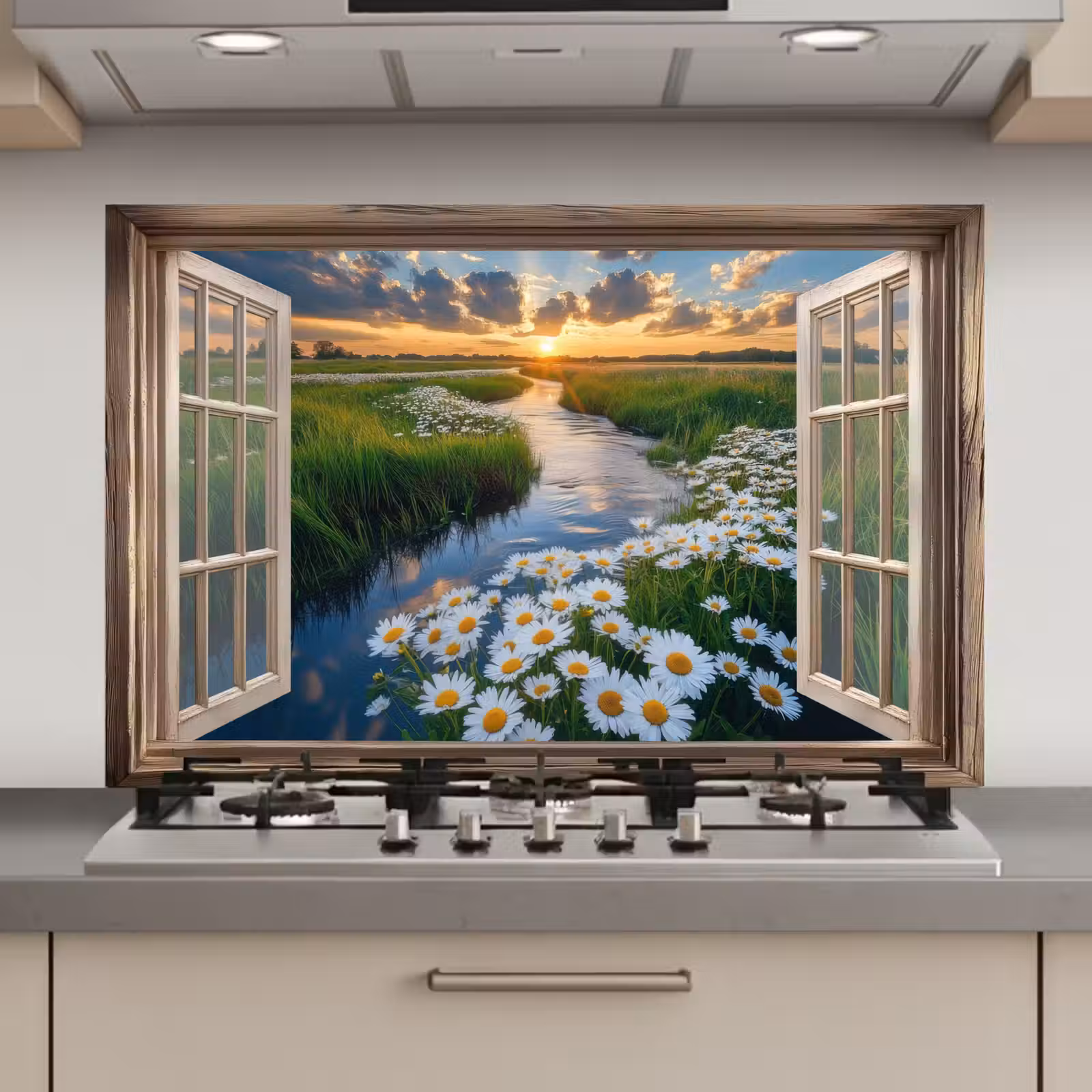 Spatscherm keuken - Doorkijk - Landschap - Raam - Water - Zonsondergang — 1