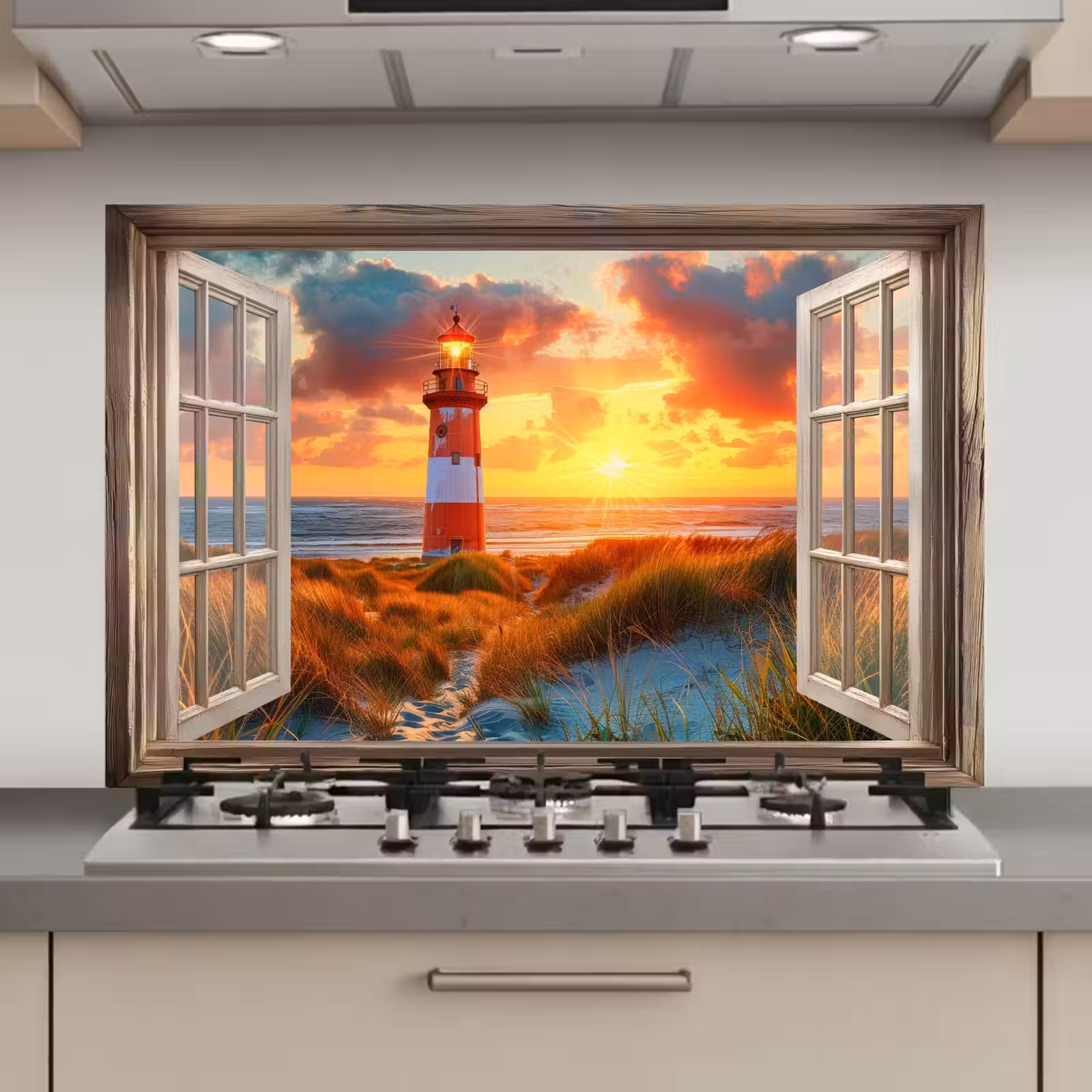 Spatscherm keuken - Doorkijk - Raam - Vuurtoren - Zonsondergang - Strand — 1