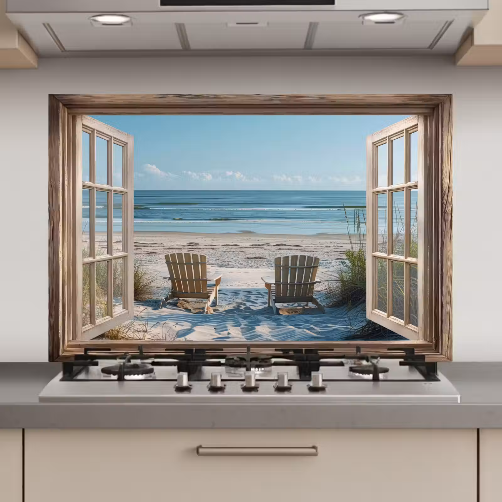 Spatscherm keuken - Doorkijk - Strandstoelen - Duinen - Zee - Natuur — 1