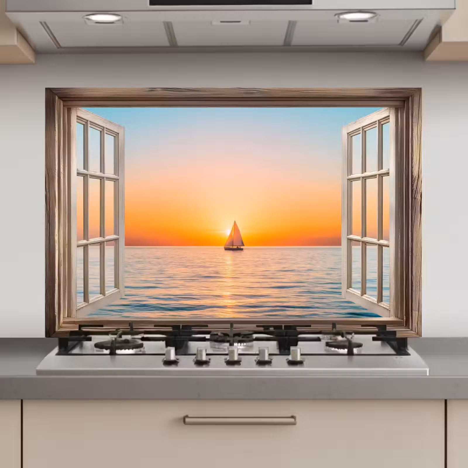 Spatscherm keuken - Doorkijk - Zee - Boot - Zonsondergang — 1