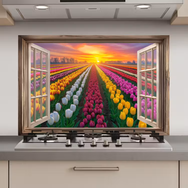 Spatscherm keuken - Doorkijk - Bloemen - Tulpen - Kleurrijk - Zonsondergang — 1