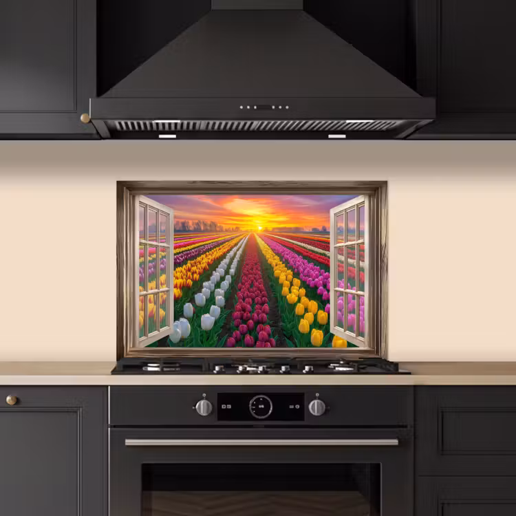 Spatscherm keuken - Doorkijk - Bloemen - Tulpen - Kleurrijk - Zonsondergang — 2