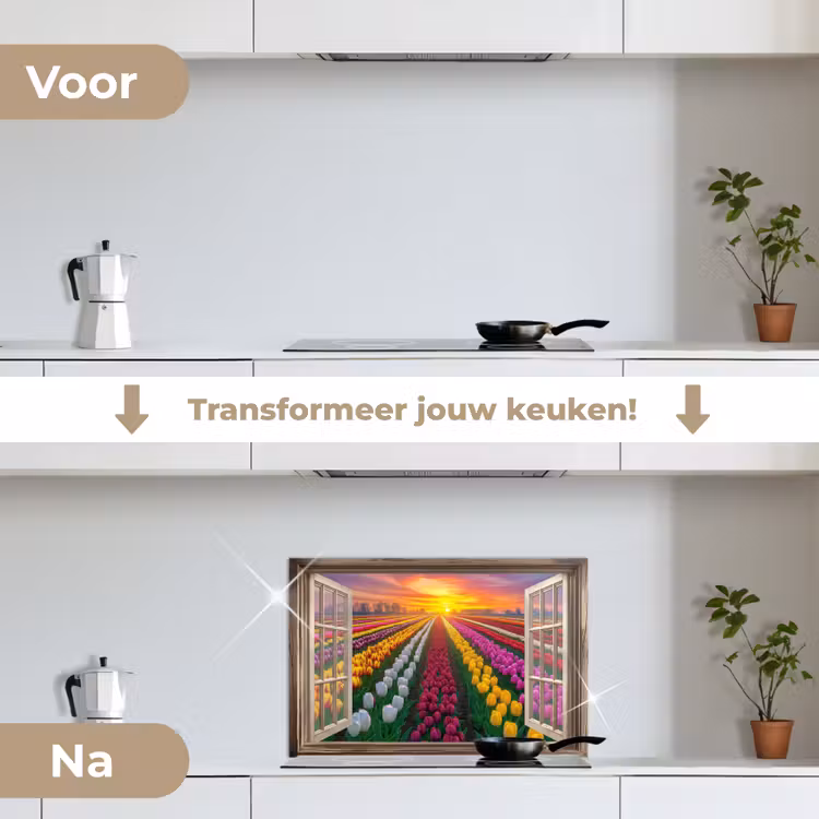 Spatscherm keuken - Doorkijk - Bloemen - Tulpen - Kleurrijk - Zonsondergang — 3