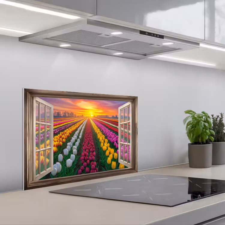 Spatscherm keuken - Doorkijk - Bloemen - Tulpen - Kleurrijk - Zonsondergang — 5