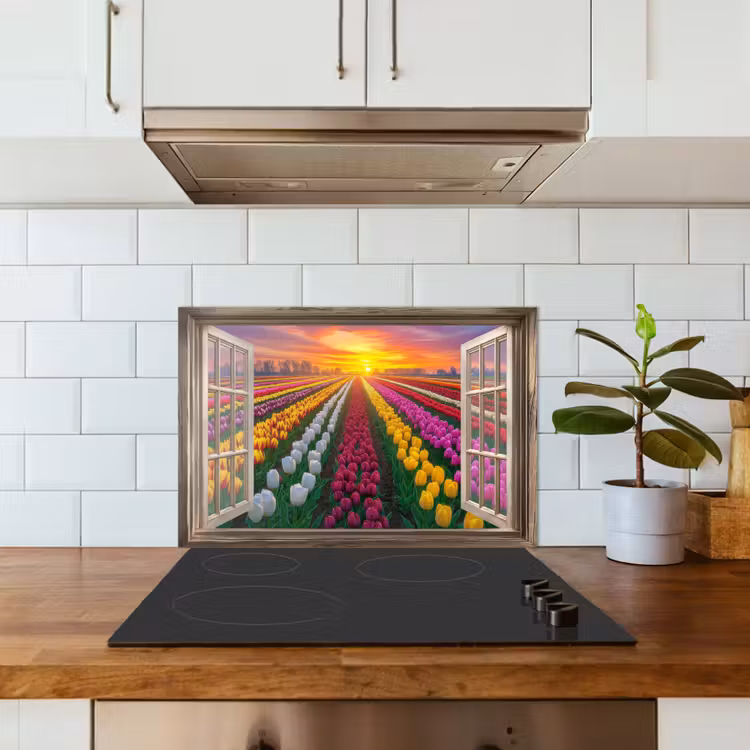 Spatscherm keuken - Doorkijk - Bloemen - Tulpen - Kleurrijk - Zonsondergang — 6
