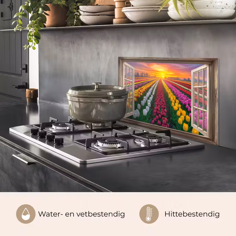 Spatscherm keuken - Doorkijk - Bloemen - Tulpen - Kleurrijk - Zonsondergang — 7