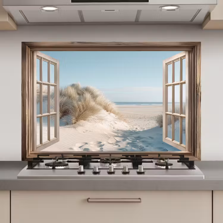 Spatscherm keuken - Doorkijk - Helmgras - Duinen - Zee - Landschap — 1