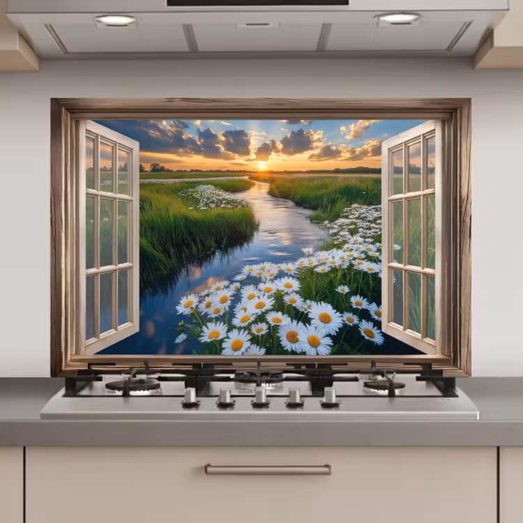 Spatscherm keuken - Doorkijk - Landschap - Raam - Water - Zonsondergang — 1