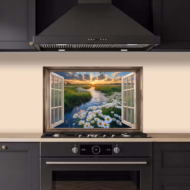 Spatscherm keuken - Doorkijk - Landschap - Raam - Water - Zonsondergang — 2