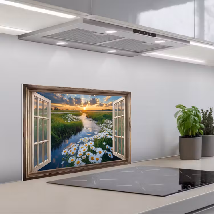 Spatscherm keuken - Doorkijk - Landschap - Raam - Water - Zonsondergang — 5
