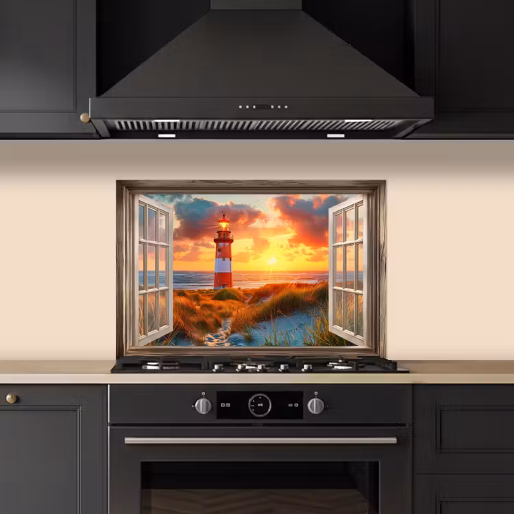 Spatscherm keuken - Doorkijk - Raam - Vuurtoren - Zonsondergang - Strand — 2