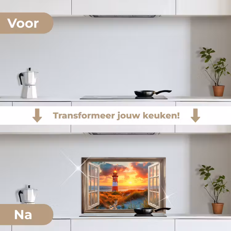 Spatscherm keuken - Doorkijk - Raam - Vuurtoren - Zonsondergang - Strand — 3