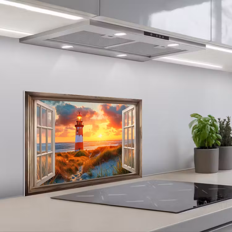 Spatscherm keuken - Doorkijk - Raam - Vuurtoren - Zonsondergang - Strand — 5