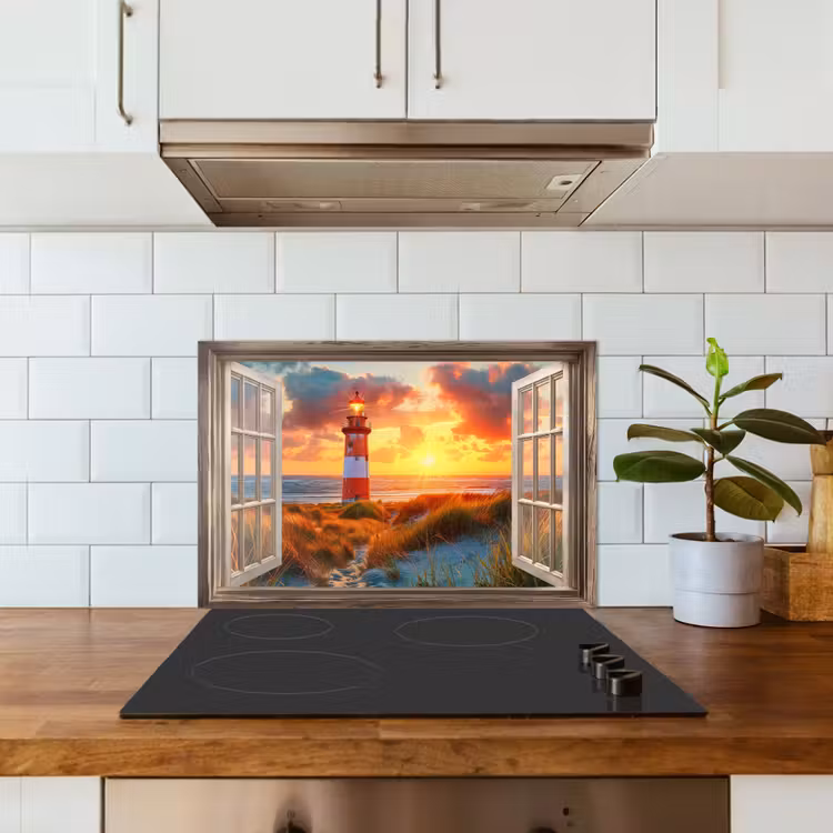 Spatscherm keuken - Doorkijk - Raam - Vuurtoren - Zonsondergang - Strand — 6