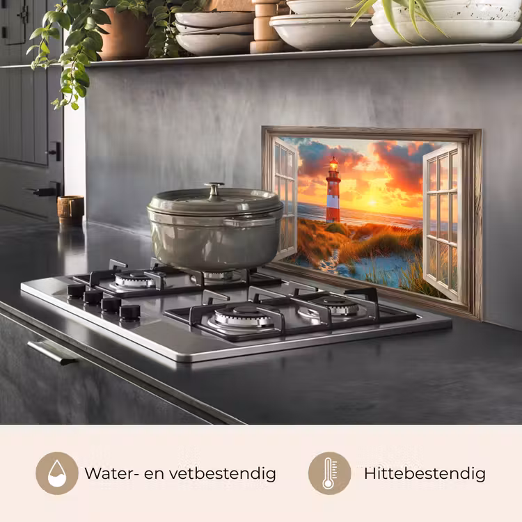 Spatscherm keuken - Doorkijk - Raam - Vuurtoren - Zonsondergang - Strand — 7