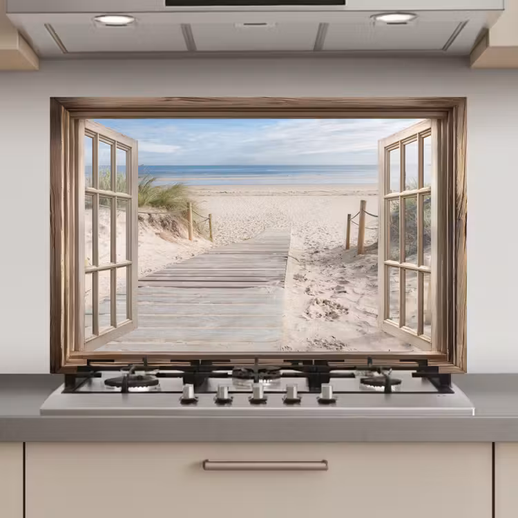 Spatscherm keuken - Doorkijk - Strand - Duinen - Pad - Landschap — 1