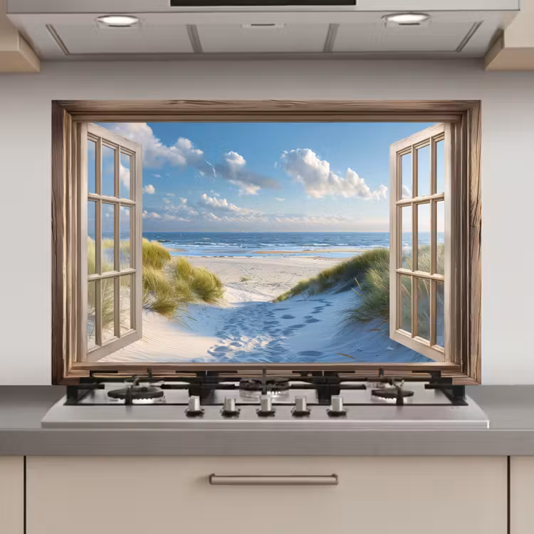 Spatscherm keuken - Doorkijk - Strand - Raam - Duinen - Zee — 1
