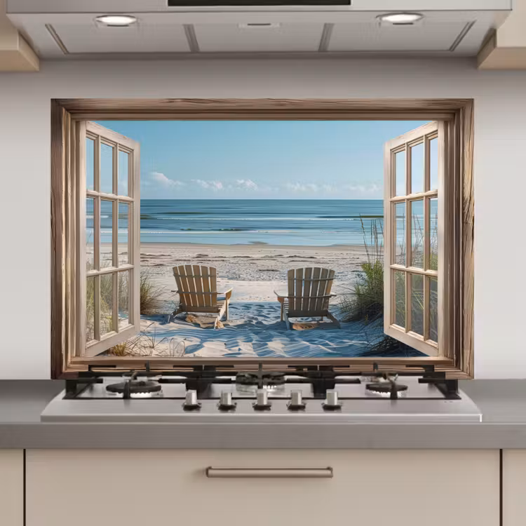 Spatscherm keuken - Doorkijk - Strandstoelen - Duinen - Zee - Natuur — 1