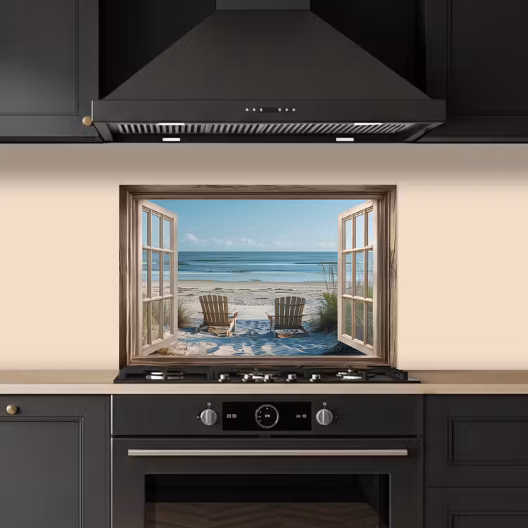 Spatscherm keuken - Doorkijk - Strandstoelen - Duinen - Zee - Natuur — 2
