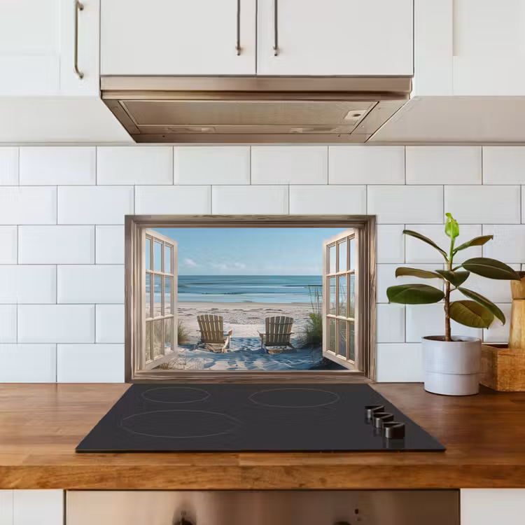 Spatscherm keuken - Doorkijk - Strandstoelen - Duinen - Zee - Natuur — 6