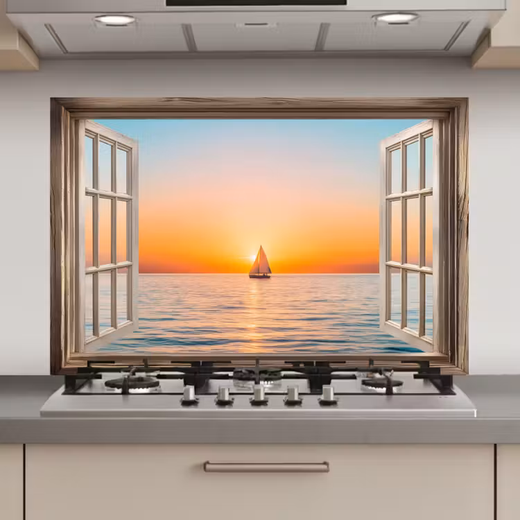 Spatscherm keuken - Doorkijk - Zee - Boot - Zonsondergang — 1