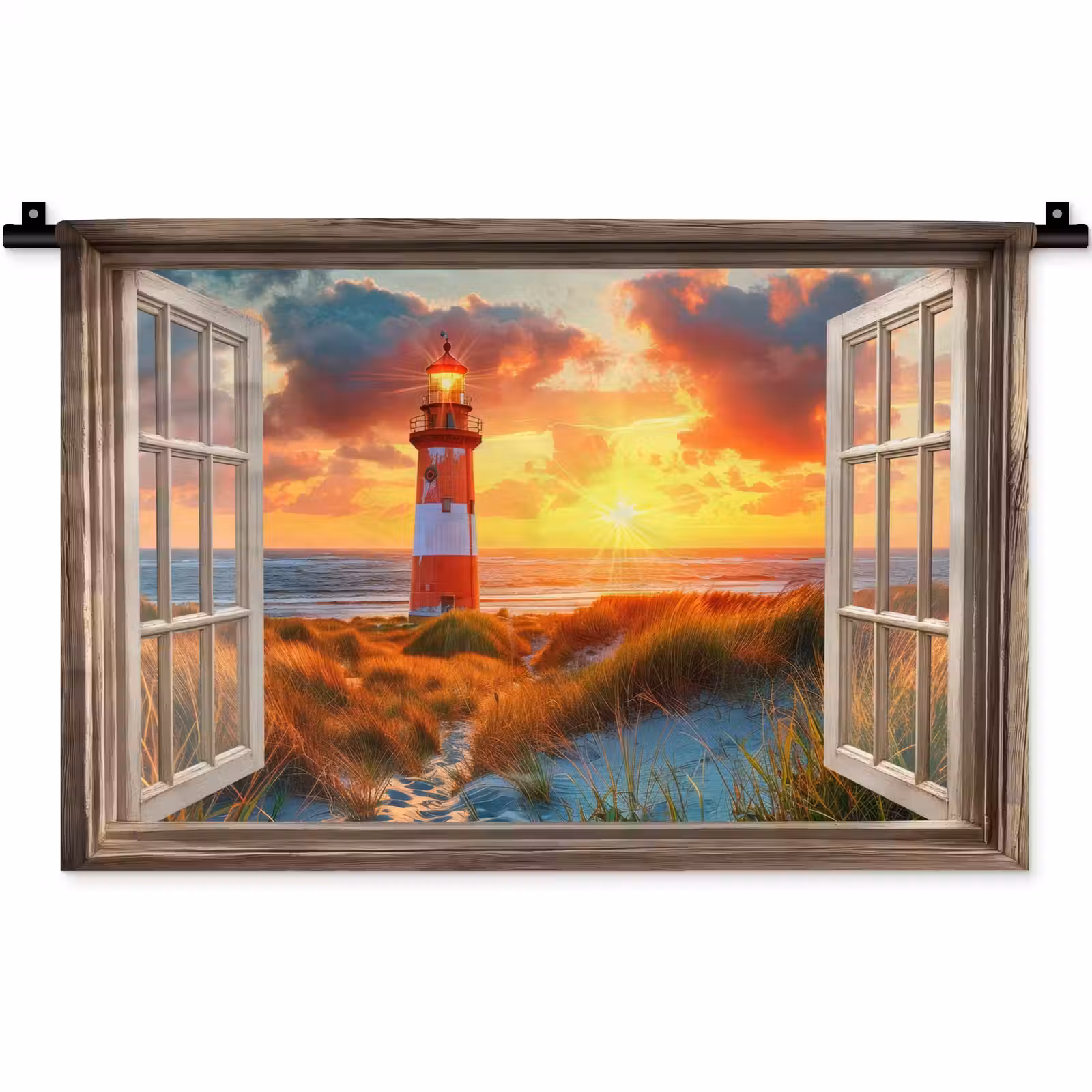 Wandkleed - Doorkijk - Raam - Vuurtoren - Zonsondergang - Strand — 1