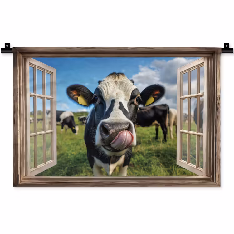 Wandkleed - Doorkijk - Koe - Weiland - Dieren - Natuur — 1