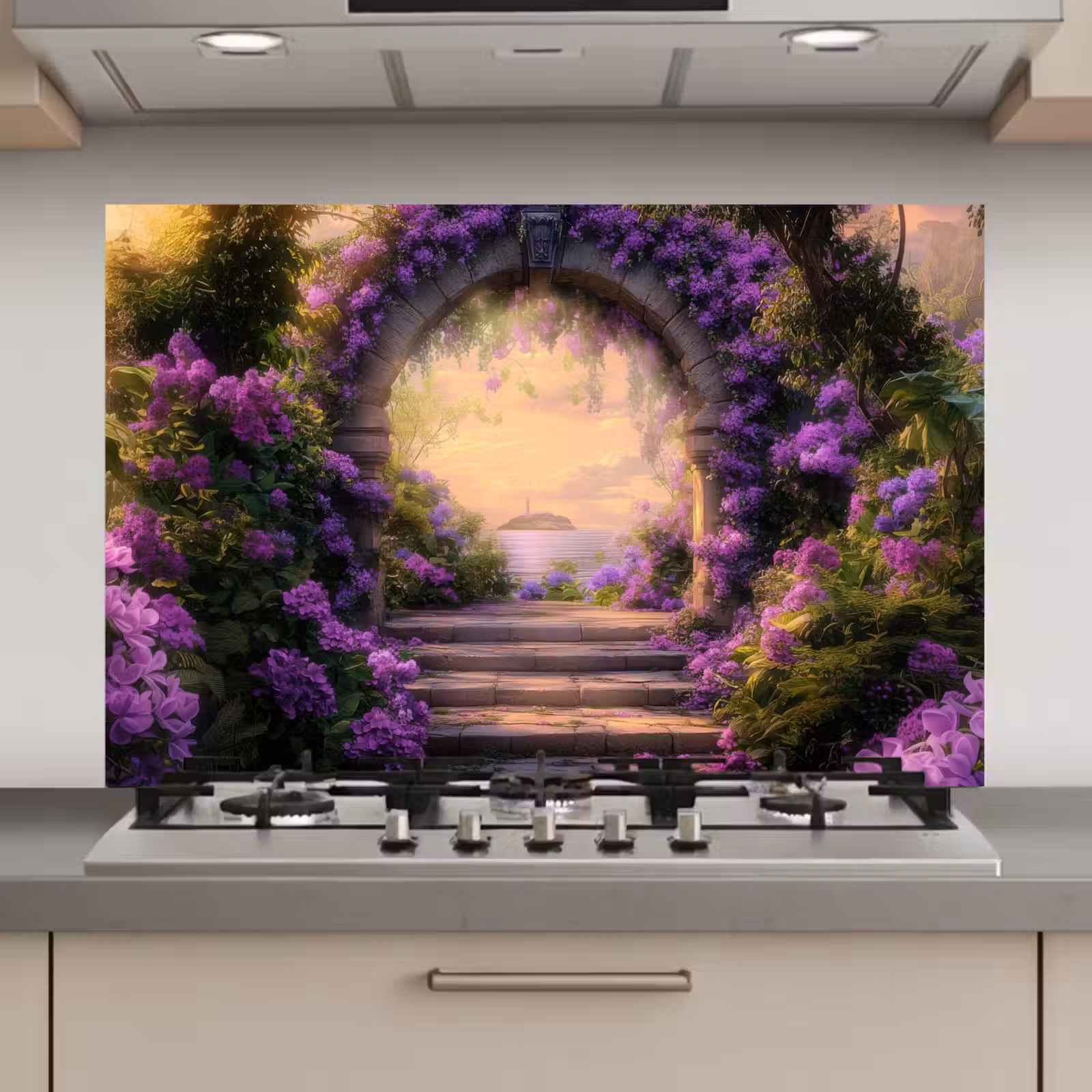 Spatscherm keuken - Poort - Paars - Bloemen — 1
