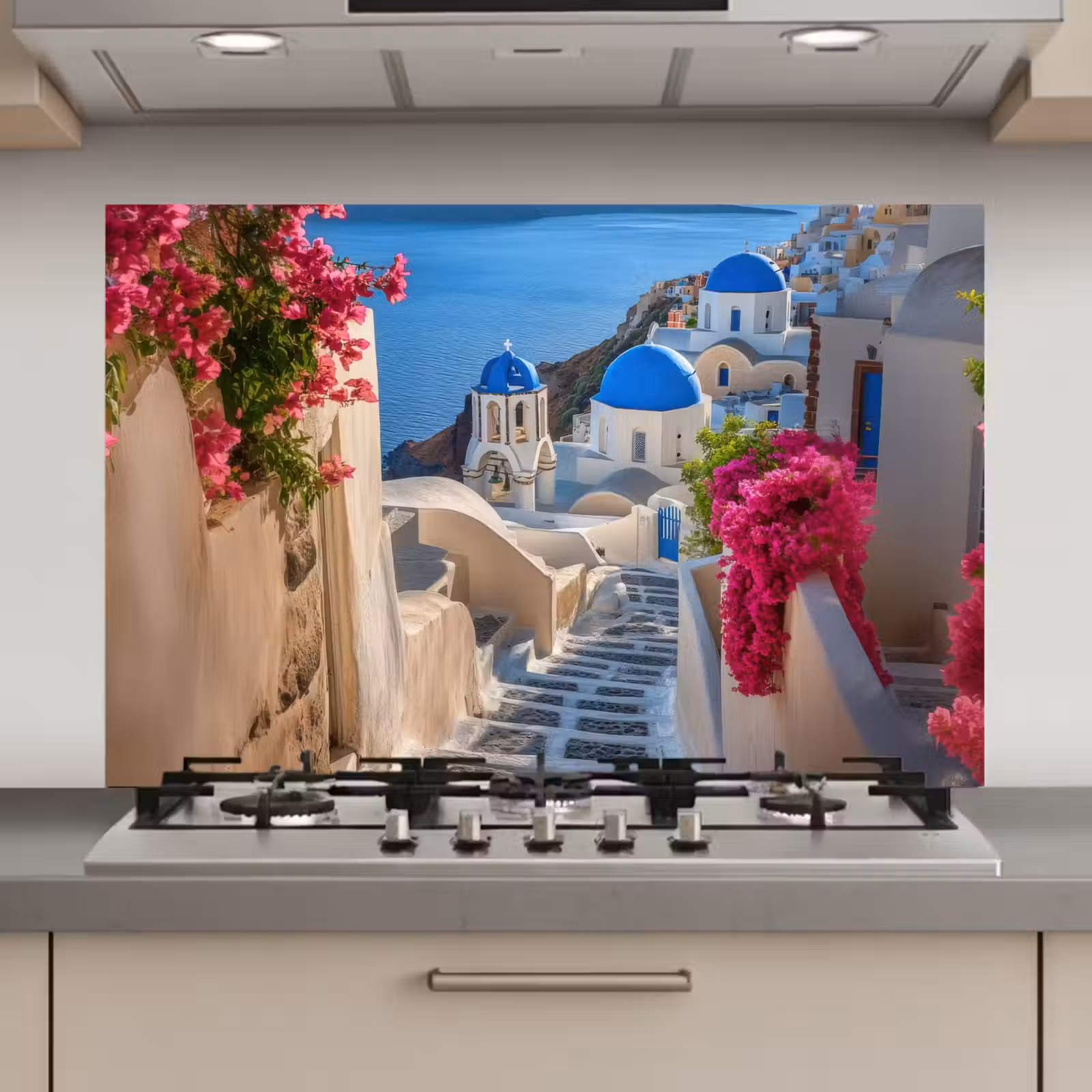 Spatscherm keuken - Santorini - Bloemen - Griekenland — 1