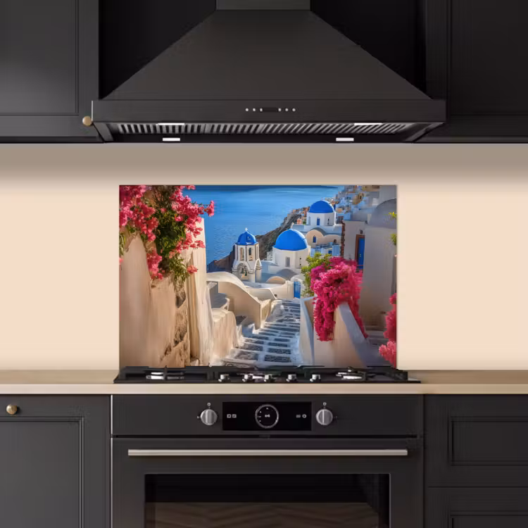Spatscherm keuken - Santorini - Bloemen - Griekenland — 2