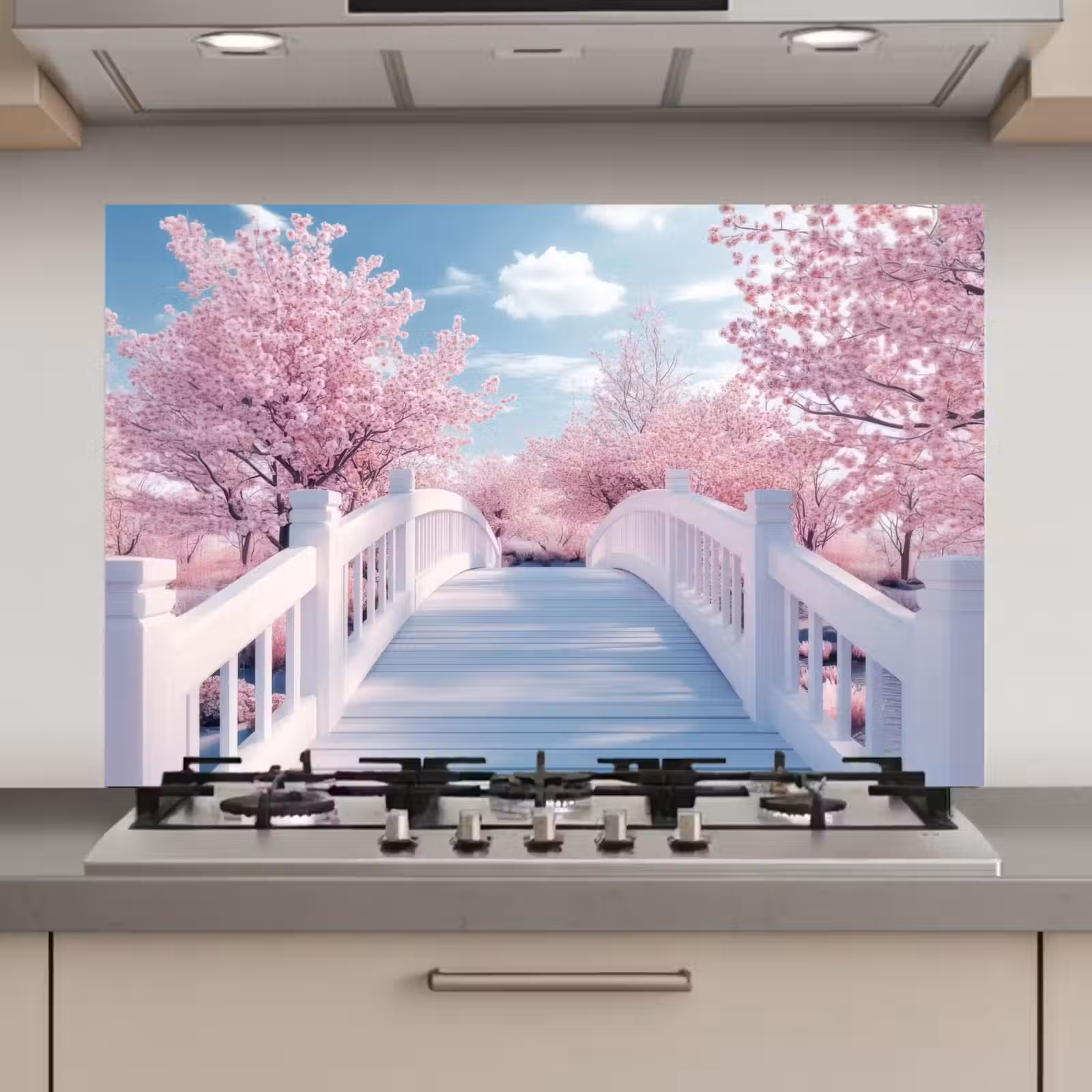 Spatscherm keuken - Brug - Kersenbomen - Wit — 1
