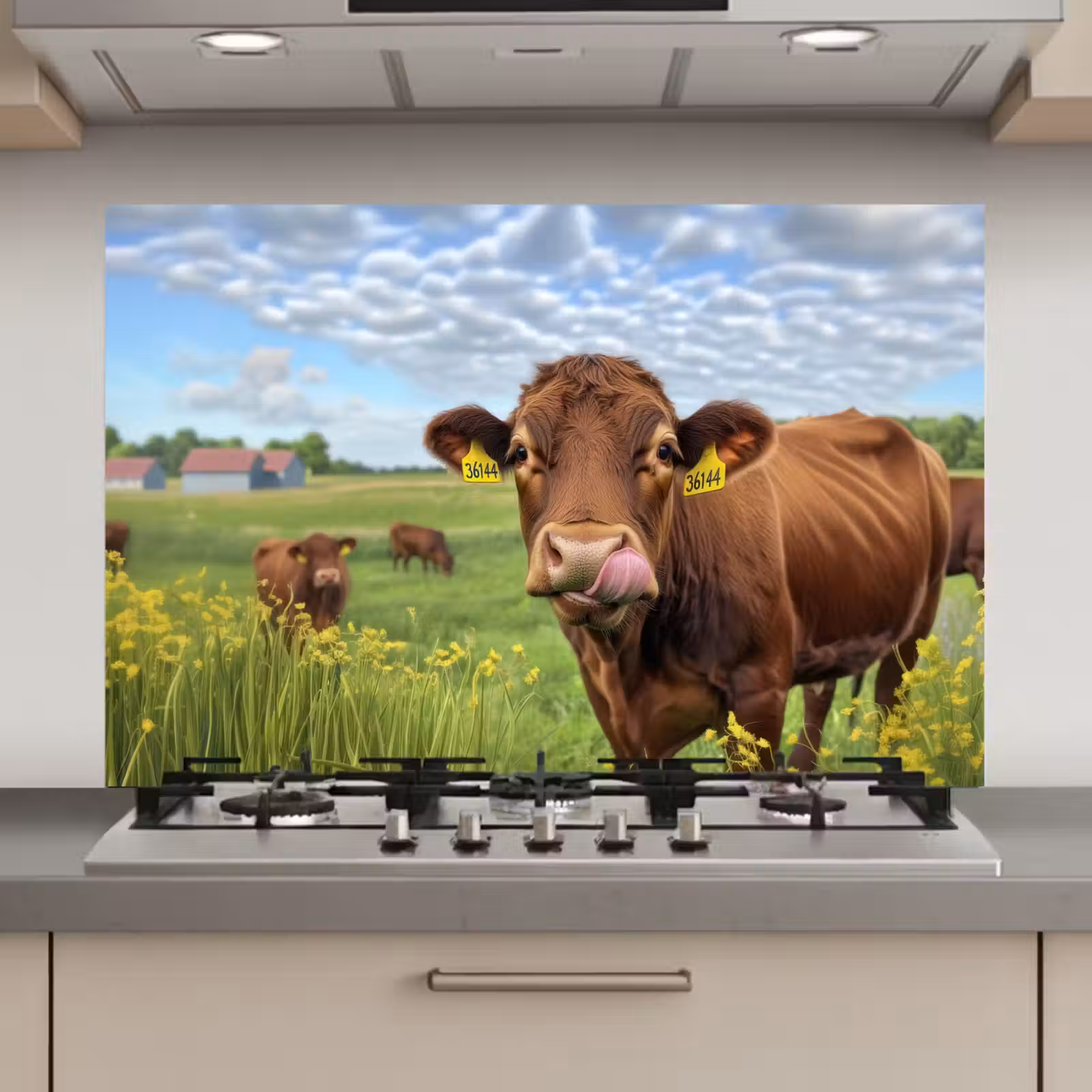 Spatscherm keuken - Koe - Weide - Bloemen — 1