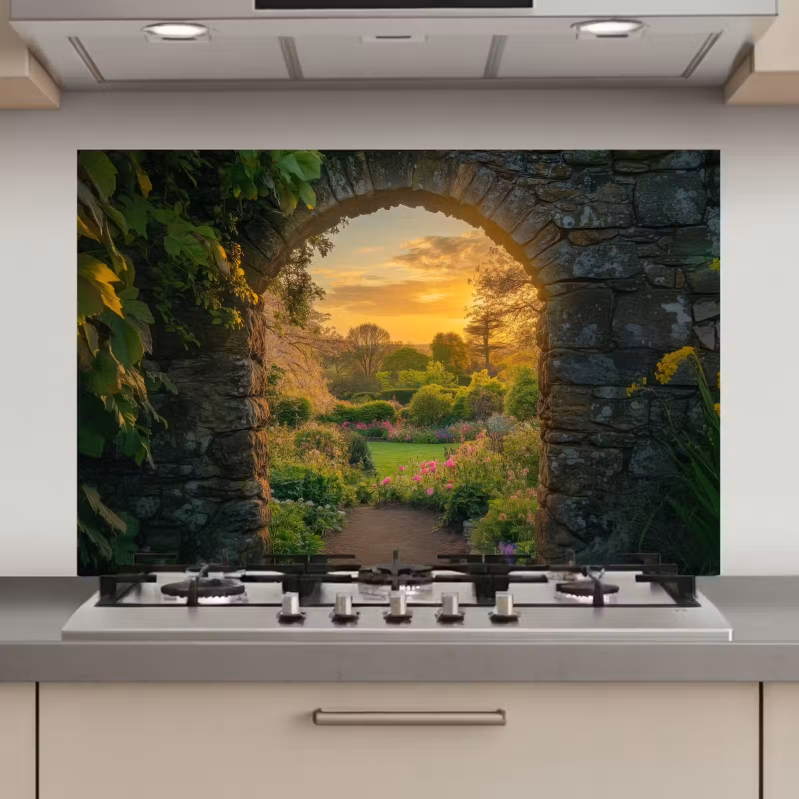 Spatscherm keuken - Poort - Planten - Zonsondergang — 1
