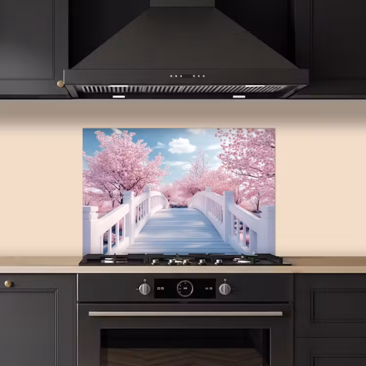 Spatscherm keuken - Brug - Kersenbomen - Wit — 2