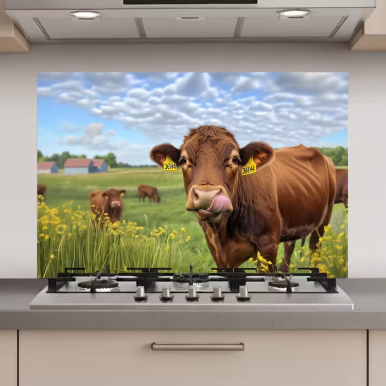 Spatscherm keuken - Koe - Weide - Bloemen — 1