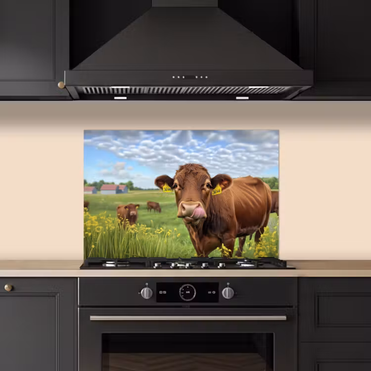 Spatscherm keuken - Koe - Weide - Bloemen — 2
