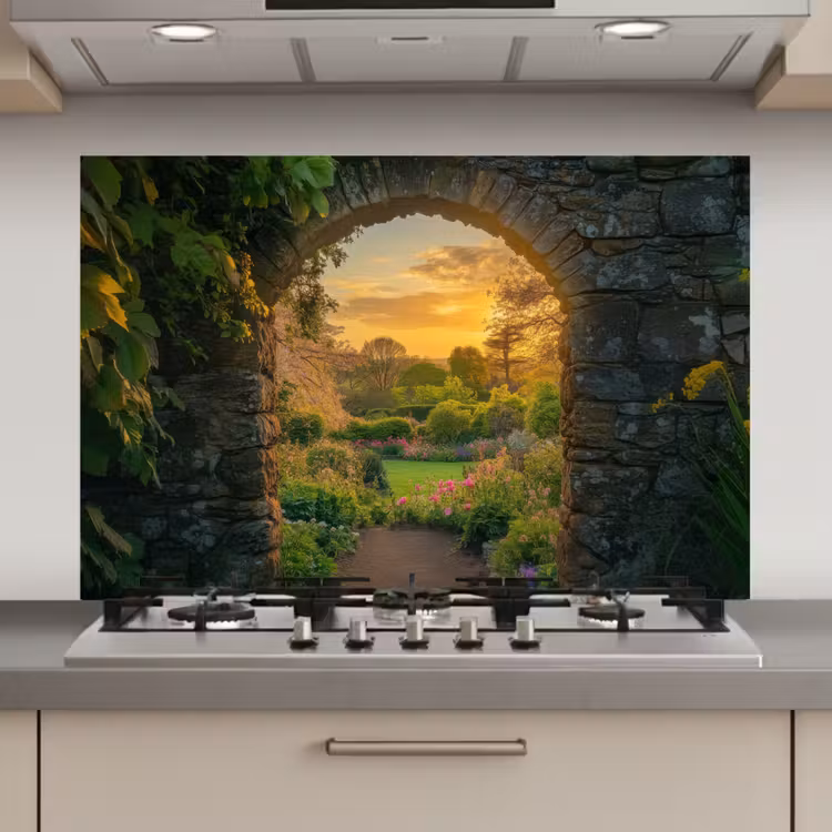 Spatscherm keuken - Poort - Planten - Zonsondergang — 1