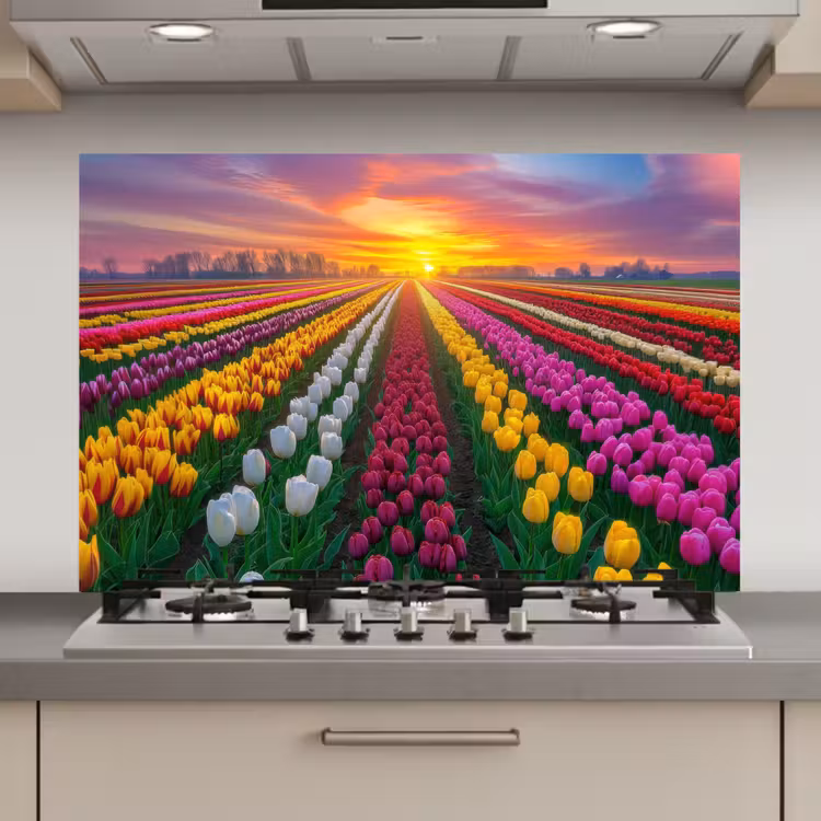 Spatscherm keuken - Tulpenveld - Zonsondergang - Kleurrijk — 1
