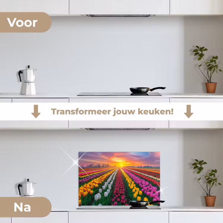Spatscherm keuken - Tulpenveld - Zonsondergang - Kleurrijk — 3