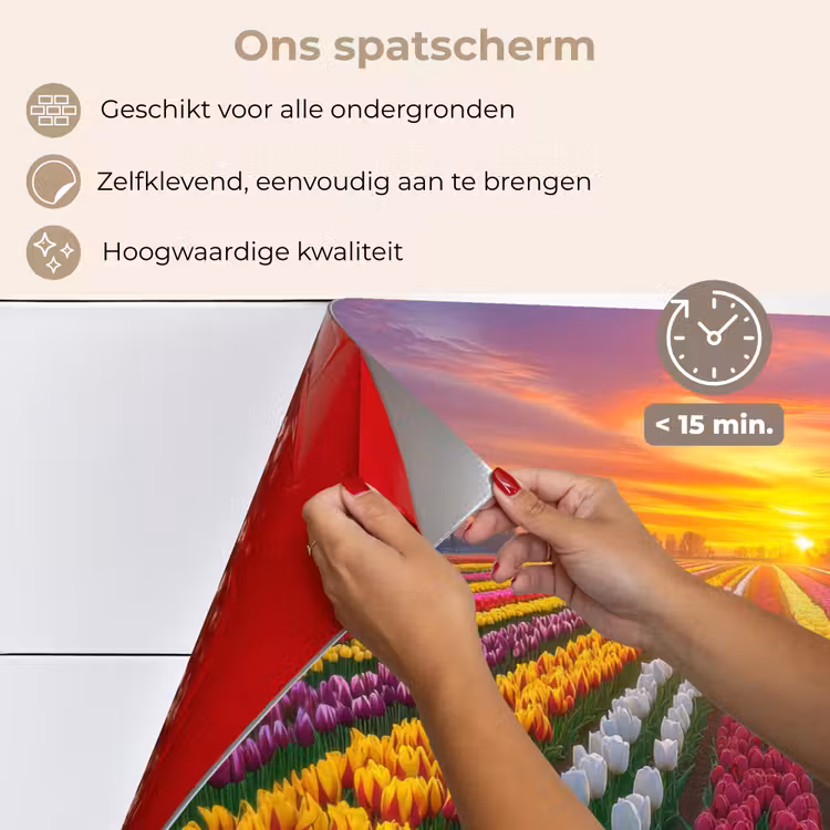 Spatscherm keuken - Tulpenveld - Zonsondergang - Kleurrijk — 4