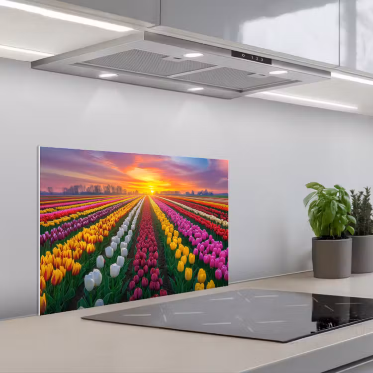 Spatscherm keuken - Tulpenveld - Zonsondergang - Kleurrijk — 5