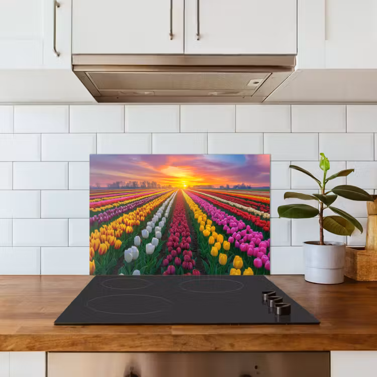 Spatscherm keuken - Tulpenveld - Zonsondergang - Kleurrijk — 6
