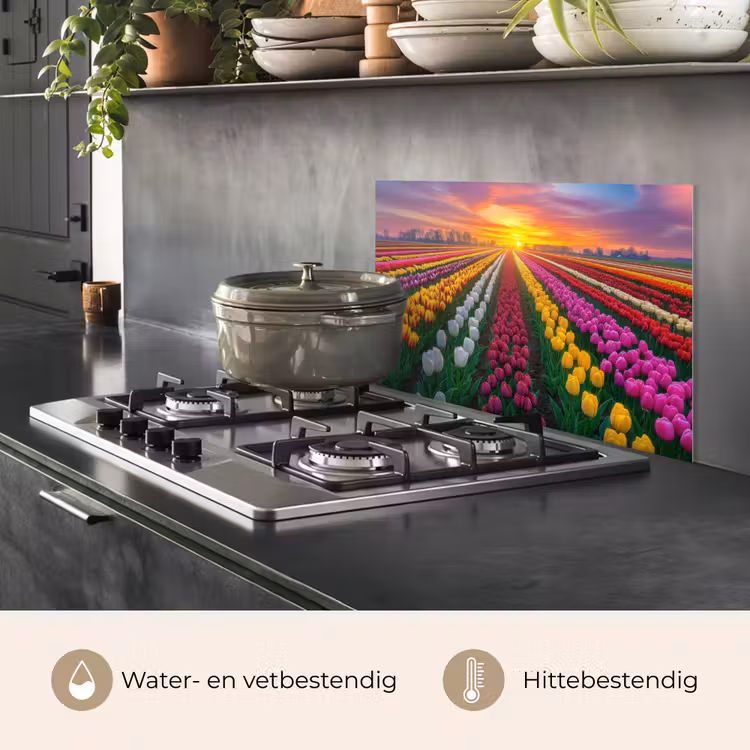 Spatscherm keuken - Tulpenveld - Zonsondergang - Kleurrijk — 7