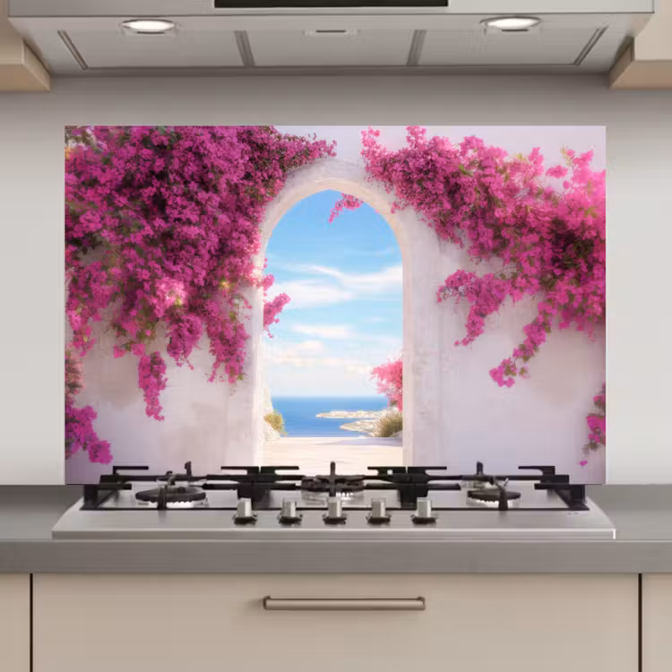 Spatscherm keuken - Zee - Roze - Bloemen - Poort — 1