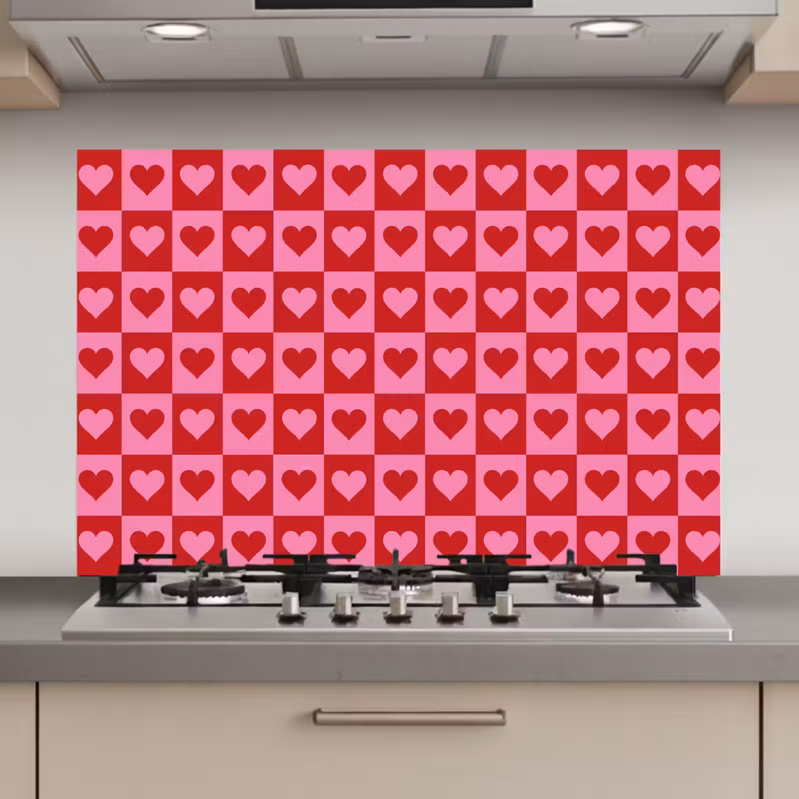 Spatscherm keuken - Rood - Roze - Schaakbord - Valentijn — 1